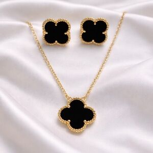 Alhambra Style Black Onyx Clover Earrings and Necklace set